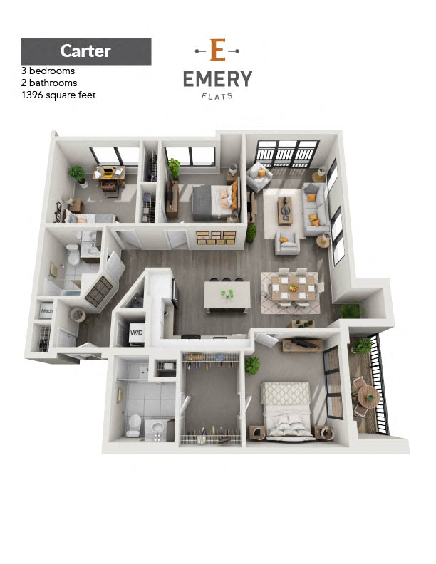 Floor plan for 3 beds, 2 baths, 1396 sqft